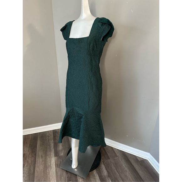 Theia Forest Green Textured Midi High-Low Dress - Picture 6 of 11